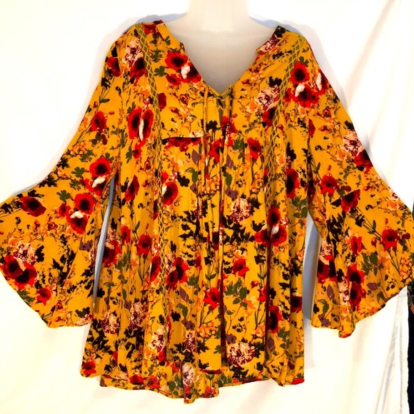 ODDY Tops - Oddy Golden Yellow Flowy Blouse with flowers ties in front